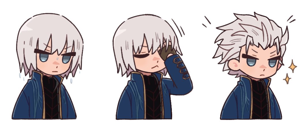 1boy, :<, :|, black_gloves, black_shirt, blue_coat, closed_eyes, closed_mouth
