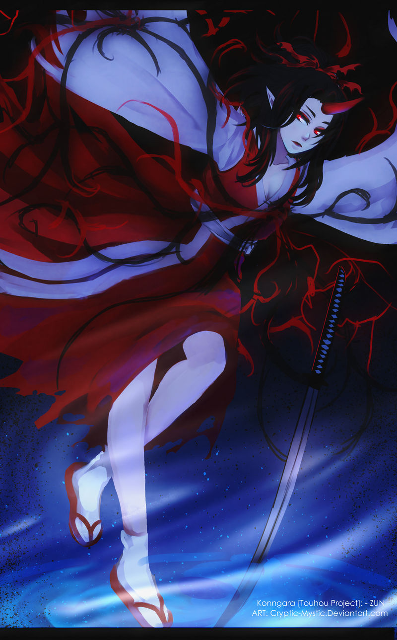 1girl, black_hair, cryptmyst, highres, horns, japanese_clothes, katana, kimono