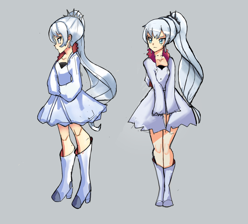 absurdres, blue_eyes, boots, drawing4justice, dress, highres, ponytail, rwby