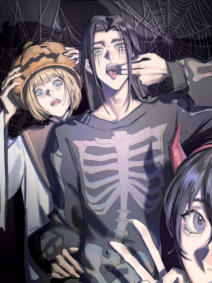 1girl, 2boys, aminogoose77, armin_arlert, black_hair, blonde_hair, blue_eyes, blunt_bangs