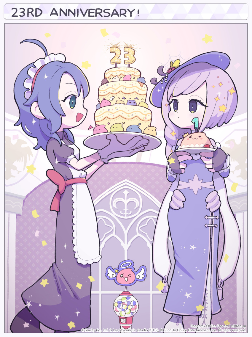 2girls, absurdres, ahoge, angeling, anniversary, apron, black_gloves, blue_dress