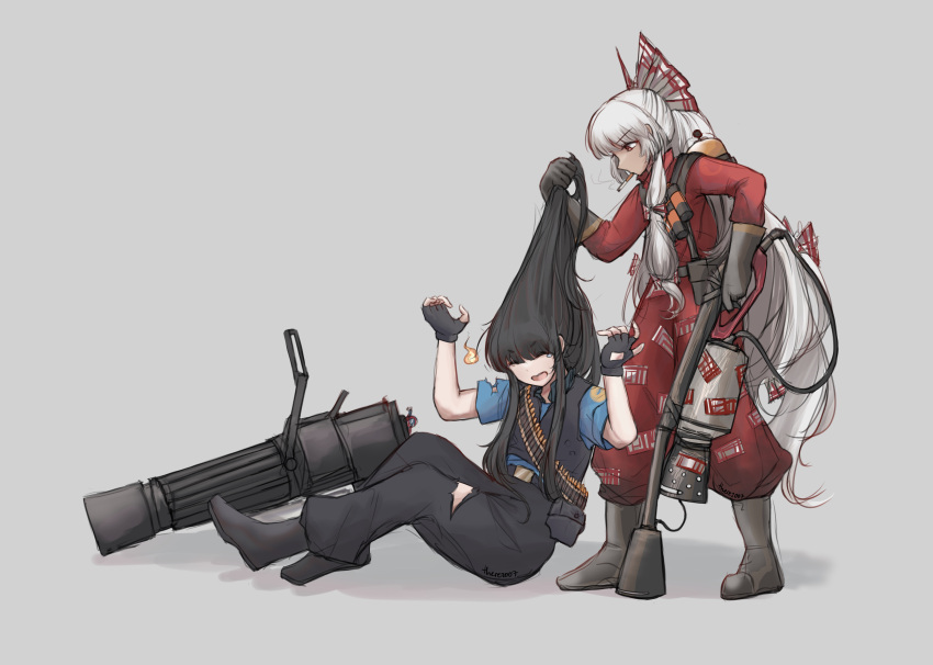 2girls, absurdres, bandolier, belt, black_hair, black_pants, blue_shirt, bodysuit, bow, bullet, cigarette, closed_eyes, commentary, cosplay, flamethrower, fujiwara_no_mokou, full_body, gatling_gun, grabbing_another's_hair, grey_background, hair_bow, heavy_(tf2), heavy_(tf2)_(cosplay), highres, holding, holding_another's_hair, holding_flamethrower, holding_weapon, houraisan_kaguya, long_hair, looking_at_another, minigun, multiple_girls, multiple_hair_bows, pants, pyro_(tf2), pyro_(tf2)_(cosplay), red_bodysuit, shirt, simple_background, team_fortress_2, there2007, touhou, very_long_hair, weapon, white_bow, white_hair