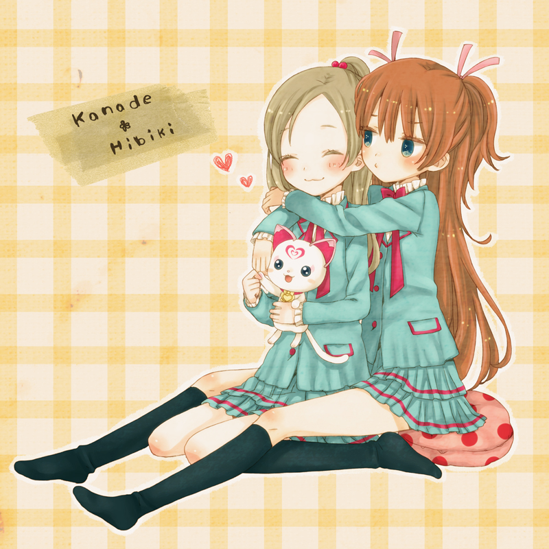 :3, black_legwear, blue_eyes, blush, brown_hair, character_name, closed_eyes, eyes_closed