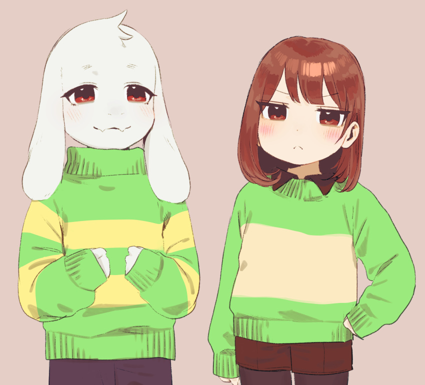 1boy, 1other, absurdres, asriel_dreemurr, brown_hair, chara_(undertale), collared_shirt, frown