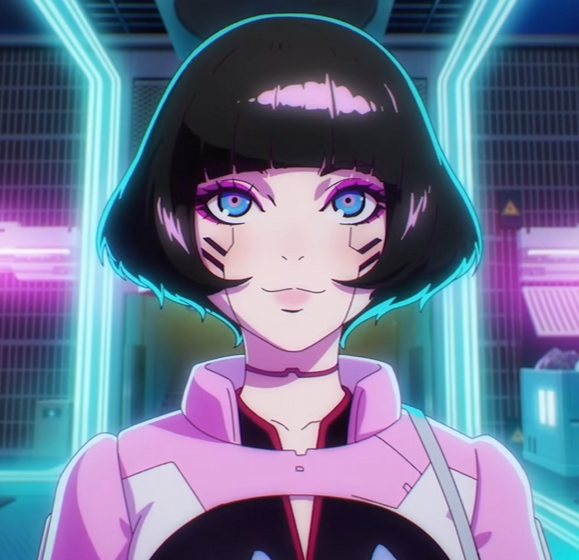 1girl, black_bodysuit, blue_eyes, bob_cut, bodysuit, cyberpunk, cyberpunk:_edgerunners, cyberpunk_(series)