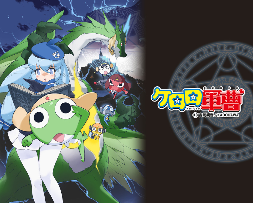 belt, black_eyes, blue_eyes, blue_hair, blue_hat, book, bow, bowtie, copyright_name, dororo_(keroro_gunsou), dragon, frog, giroro, glasses, gloves, hat, headphones, keroro, keroro_gunsou, kururu_(keroro_gunsou), long_hair, looking_at_viewer, mask, mouth_mask, ninja_mask, official_art, official_wallpaper, pantyhose, shion_(keroro_gunsou), skirt, star_(symbol), tamama, weapon, yoshizaki_mine