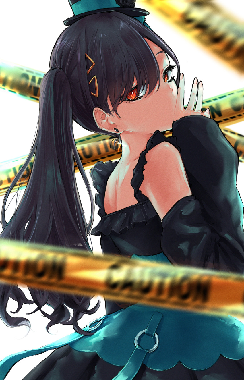 1girl, absurdres, bare_shoulders, black_dress, black_hair, black_hat, bright_pupils, caution_tape