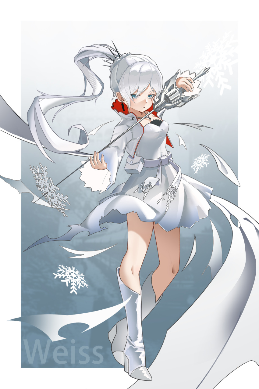 1girl, absurdres, blue_eyes, boots, breasts, closed_mouth, dress, floating_hair, full_body, high_ponytail, highres, holding, holding_sword, holding_weapon, jewelry, long_hair, longwatry, looking_at_viewer, myrtenaster, pendant, ponytail, rwby, sash, scar, scar_across_eye, scar_on_face, small_breasts, snowflakes, solo, standing, sword, very_long_hair, weapon, weiss_schnee, white_boots, white_dress, white_hair, white_sash