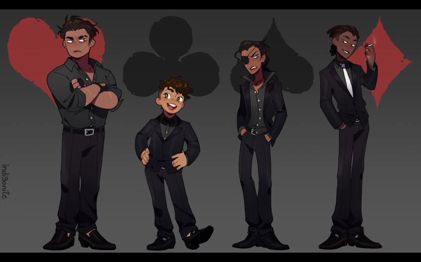 4boys, absurdres, artist_name, black_eyes, black_gloves, black_hair, black_jacket, black_pants