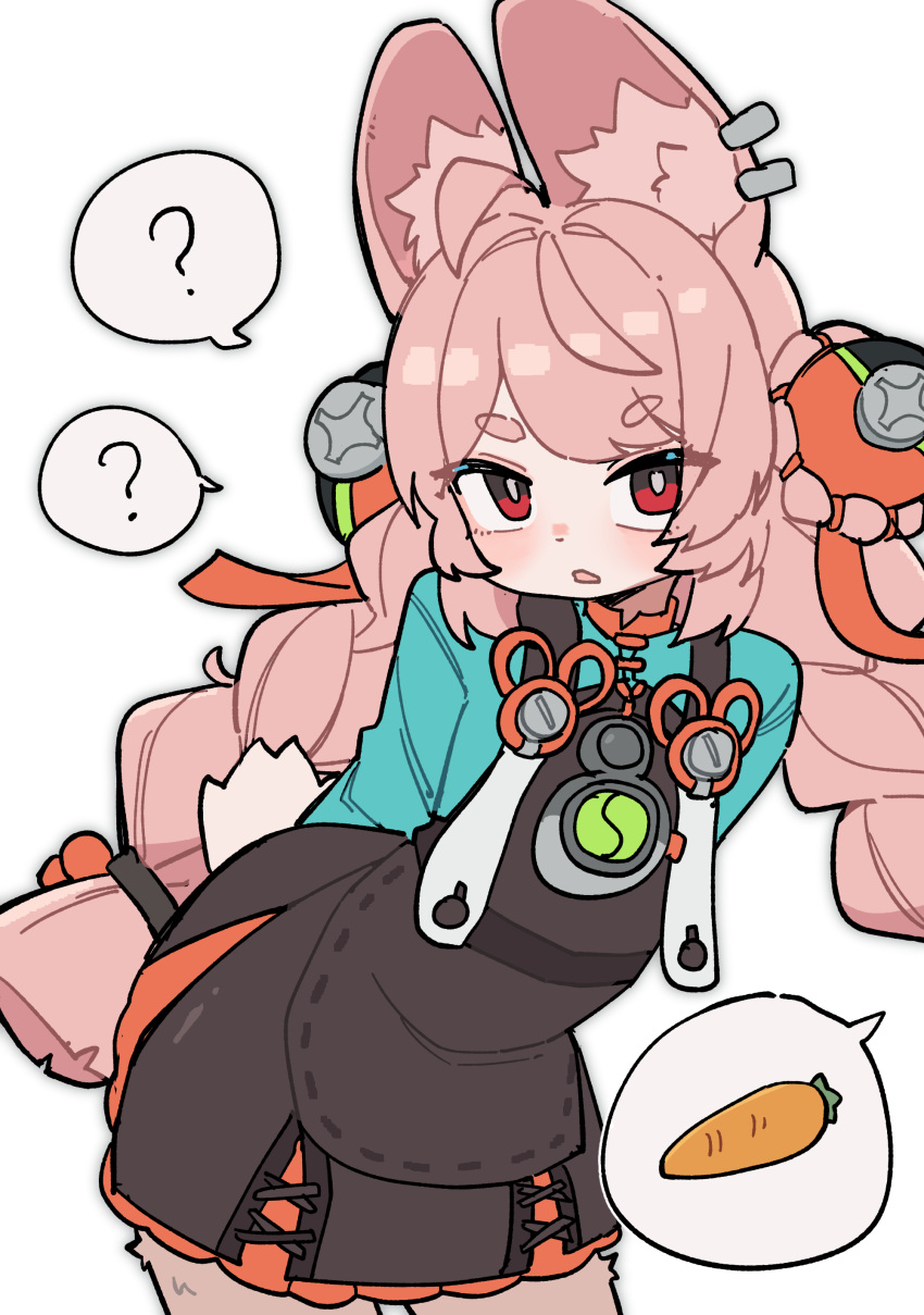 1girl, ?, absurdres, animal_ear_fluff, animal_ears, arms_behind_back, blush, braid, carrot, dress, furry, hair_ornament, highres, ix, long_hair, long_sleeves, parted_lips, pink_hair, rabbit_ears, rabbit_girl, rabbit_tail, red_eyes, simple_background, solo, spoken_question_mark, tail, twin_braids, very_long_hair, white_background, zenless_zone_zero, zhao_(zenless_zone_zero)