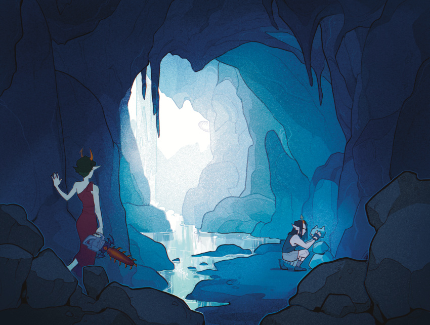 1boy, 1girl, black_hair, blue_background, blue_theme, broken_horn, cave, chainsaw