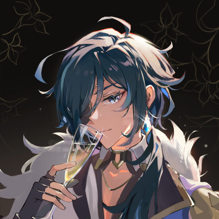 1boy, antenna_hair, black_gloves, blue_hair, champagne_flute, commentary_request, cup, dark-skinned_male
