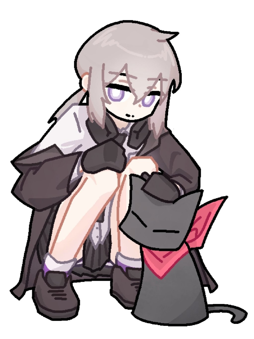 1girl, ankle_socks, black_cat, black_gloves, black_necktie, black_skirt, brown_coat, brown_shoes