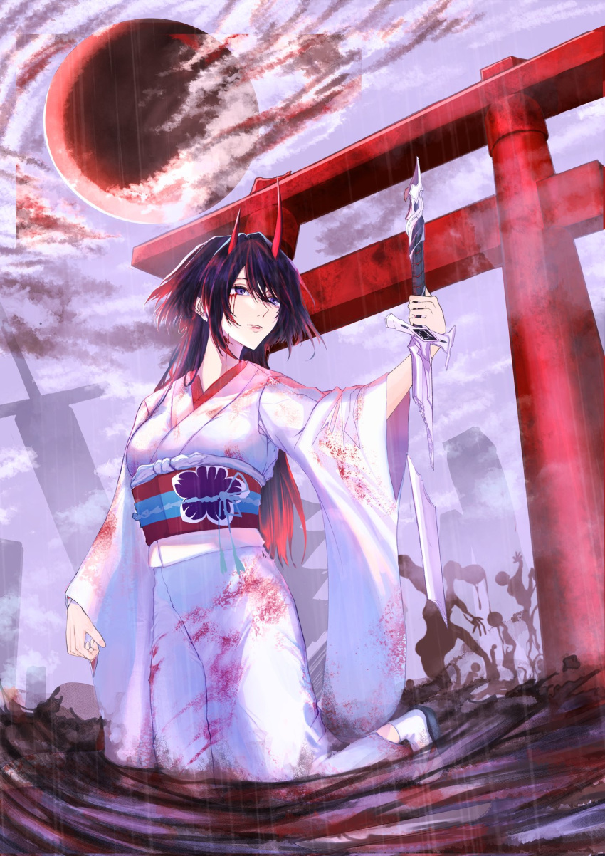 1girl, acheron_(honkai:_star_rail), acheron_(izumo)_(honkai:_star_rail), black_hair, black_hole, blood, blood_from_eyes, blood_on_clothes