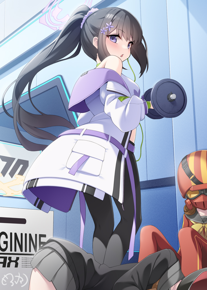 4girls, bare_shoulders, black_hair, black_pants, blue_archive, box, breasts, coat