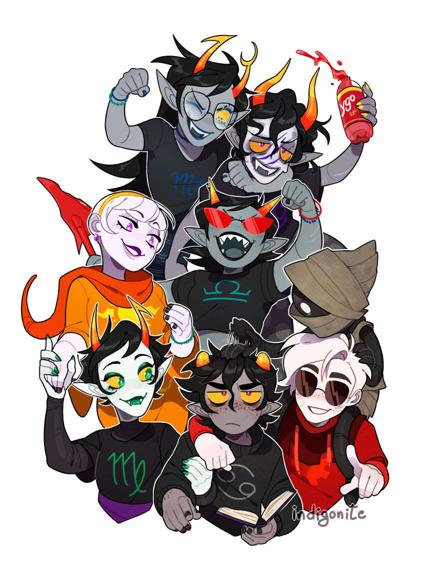 4boys, 4girls, absurdres, black_hair, black_nails, black_shirt, black_skin, blue_eyes