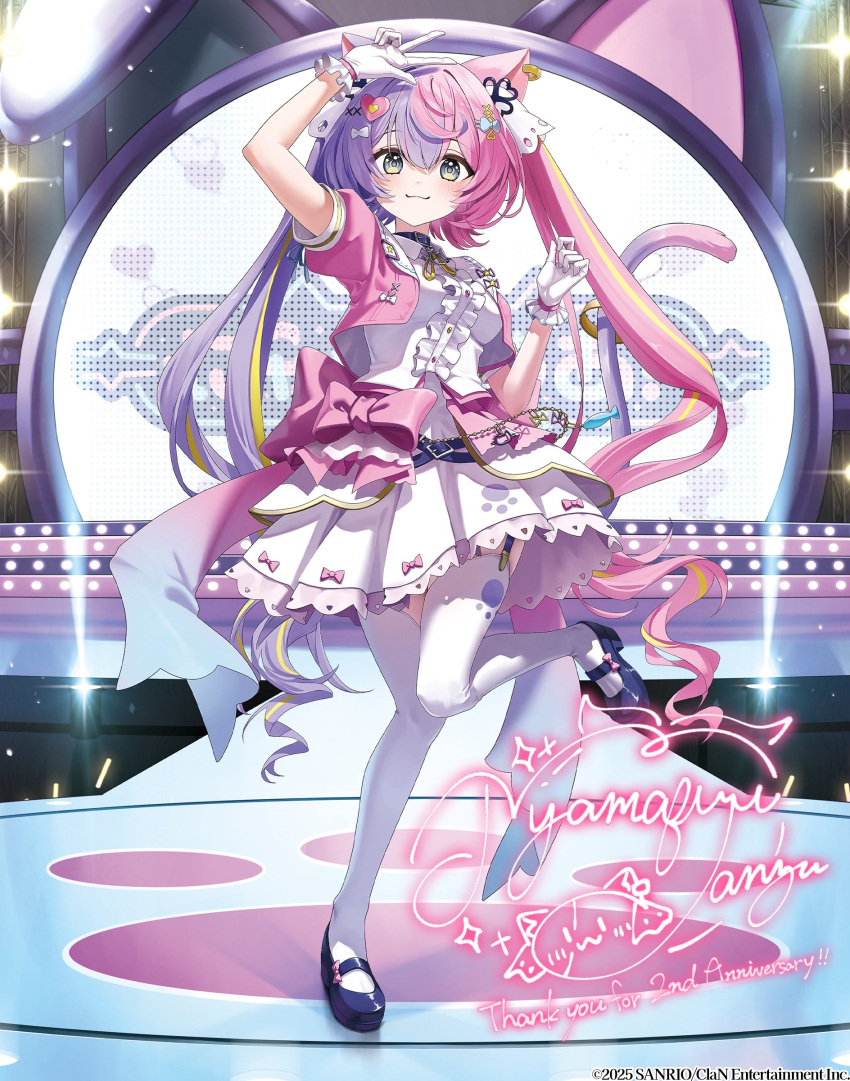 1girl, absurdres, animal_ears, anniversary, aqua_bow, arm_up, artist_request, blue_shoes