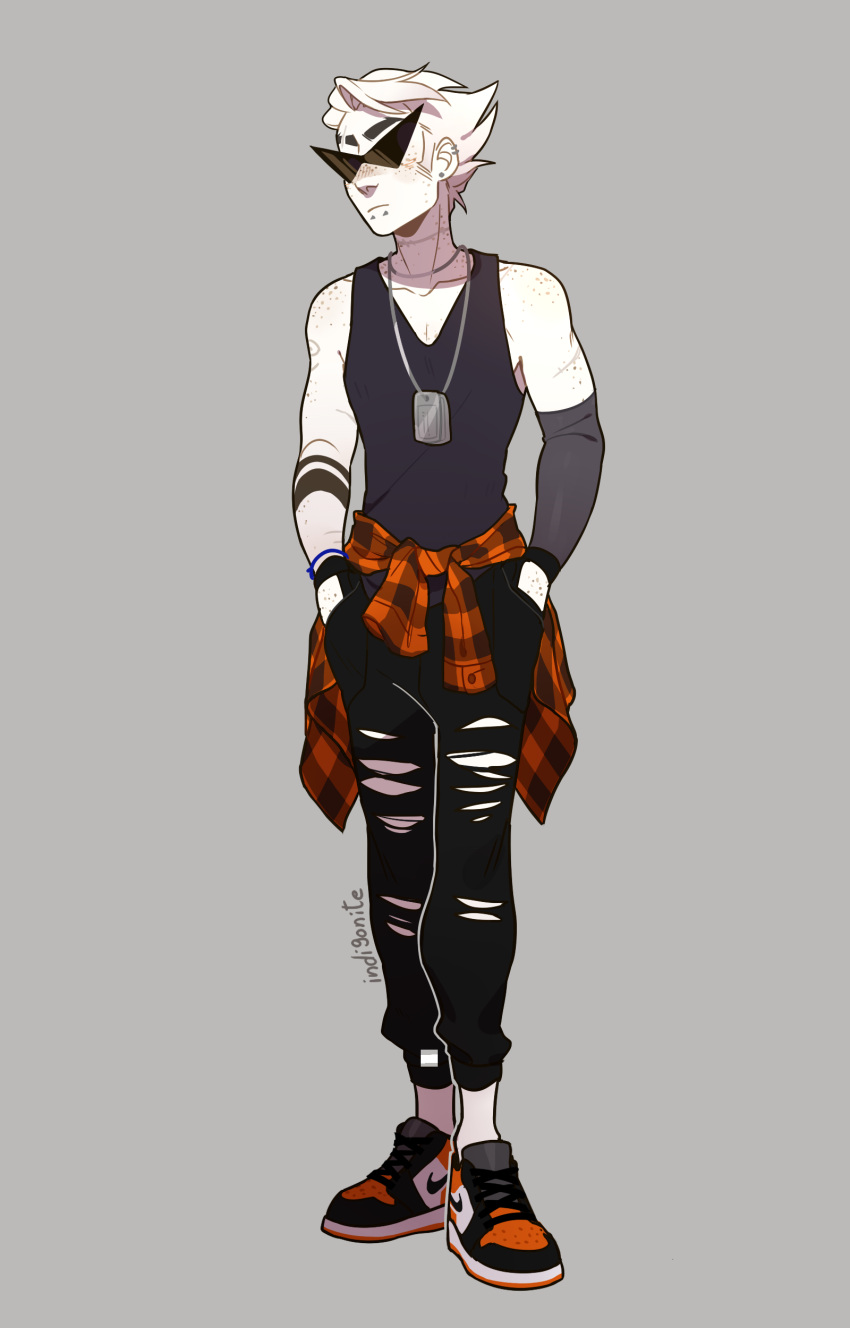 1boy, absurdres, arm_freckles, arm_tattoo, bare_shoulders, black_pants, black_shoes, body_freckles
