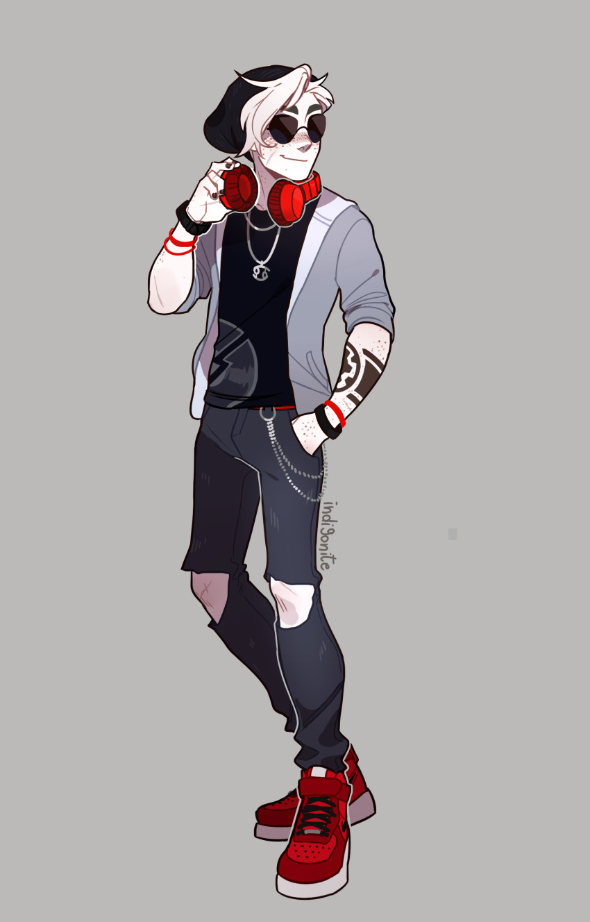 1boy, absurdres, arm_freckles, arm_tattoo, beanie, black_hat, black_nails, black_shirt