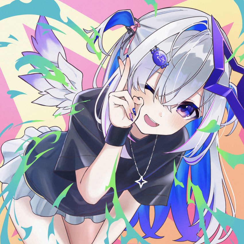123haruno_oto, 1girl, abstract_background, amane_kanata, black_shirt, blue_eyes, blue_hair, bow