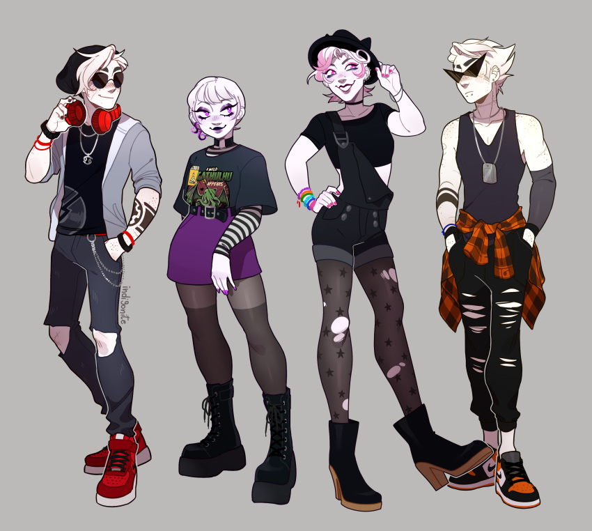 2boys, 2girls, absurdres, arm_freckles, arm_tattoo, bare_shoulders, beanie, belt