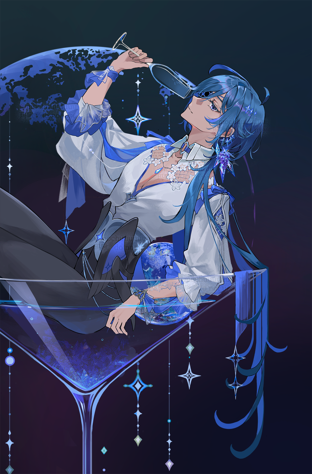 1boy, antenna_hair, black_pants, blue_eyes, blue_hair, champagne_flute, cocktail_glass, commentary_request