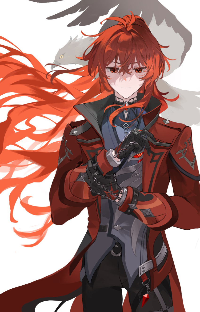 1boy, antenna_hair, bird, black_gloves, black_pants, chain, closed_mouth, coat, coattails, collared_coat, collared_jacket, commentary_request, diluc_(genshin_impact), diluc_(red_dead_of_night)_(genshin_impact), gem, genshin_impact, gloves, grey_vest, hair_between_eyes, hawk, high_ponytail, highres, jacket, lapels, long_hair, long_sleeves, male_focus, mochuuuuuuu, official_alternate_costume, pants, ponytail, red_coat, red_eyes, red_gemstone, red_hair, red_jacket, shirt, solo, vest