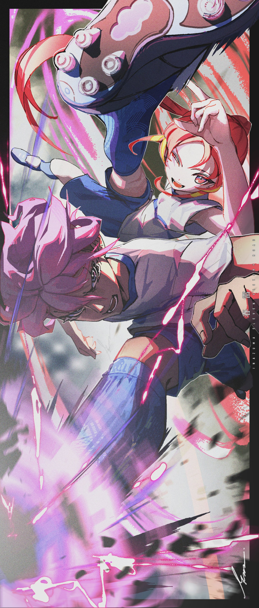 1boy, 1girl, absurdres, blue_shorts, blue_socks, dark-skinned_male, dark_skin, highres