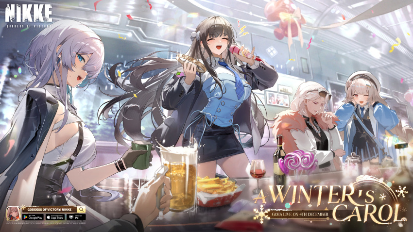 1boy, 4girls, absurdres, bent_over, black_coat, black_hair, black_skirt, blue_shirt
