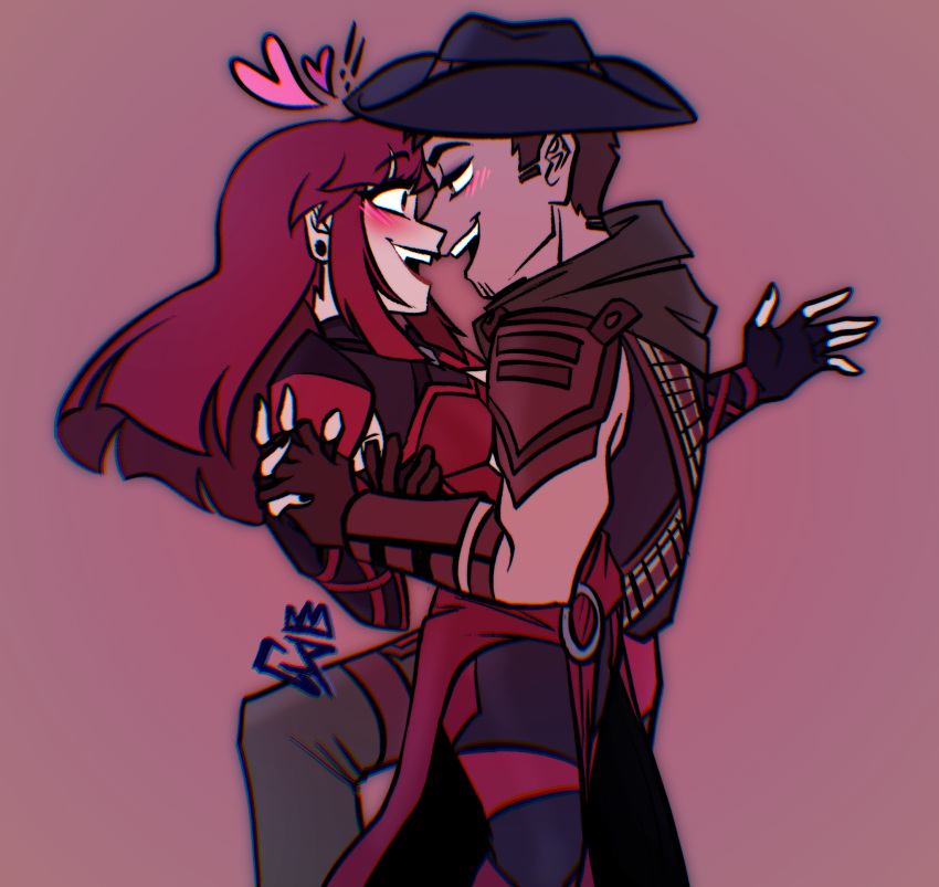 1boy, 1girl, brown_hair, couple, cowboy, erron_black, gothiccprince, happy