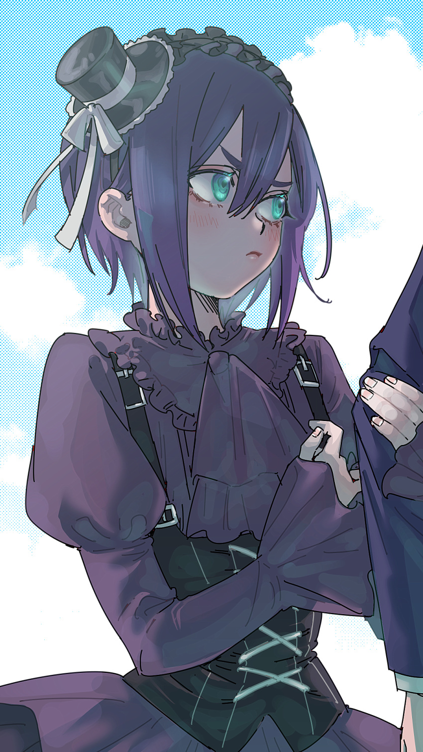 1girl, alternate_costume, aqua_eyes, arm_hug, ascot, black_dress, black_hairband, blue_sky