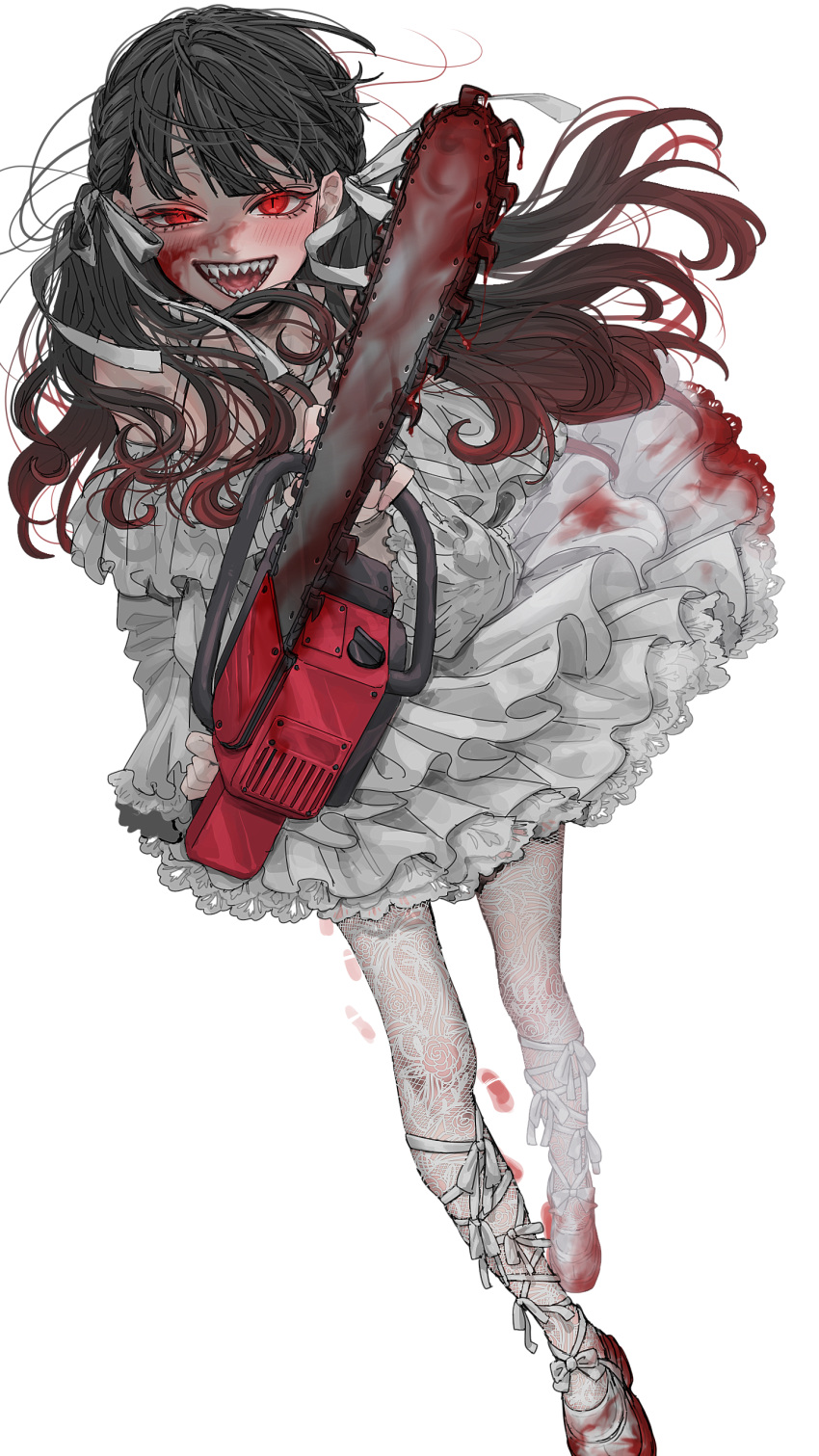 1girl, :d, absurdres, ankle_lace-up, baio_rin, black_hair, blood, blood_on_clothes