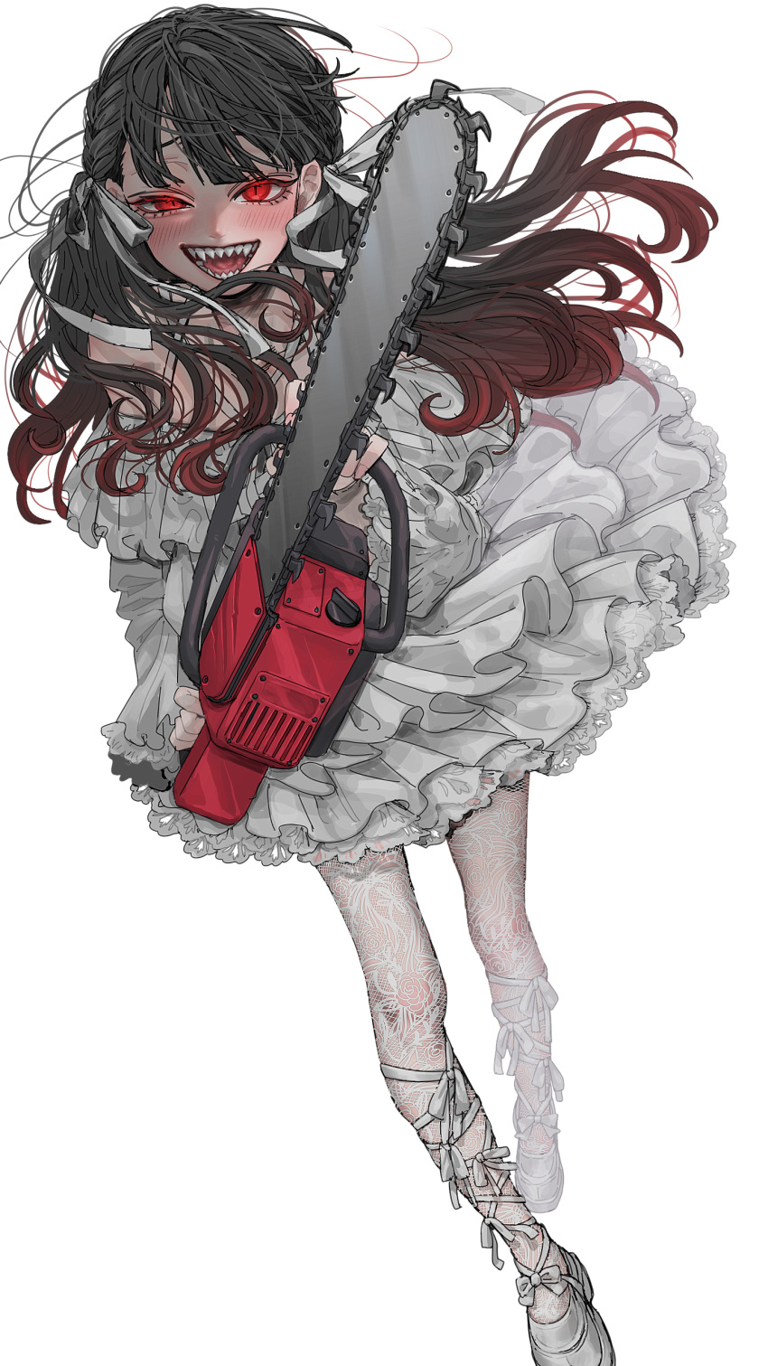 1girl, :d, absurdres, ankle_lace-up, baio_rin, black_hair, blush, braid, chainsaw, commentary, dr.k_(doctorkodok), dress, frilled_dress, frills, full_body, gradient_hair, hair_ribbon, highres, holding, holding_chainsaw, kimi_no_koto_ga_dai_dai_dai_dai_daisuki_na_100-nin_no_kanojo, long_hair, looking_at_viewer, multicolored_hair, open_mouth, pantyhose, red_eyes, red_hair, ribbon, sharp_teeth, shoes, simple_background, slit_pupils, smile, solo, teeth, white_background, white_dress, white_pantyhose, white_ribbon, white_shoes