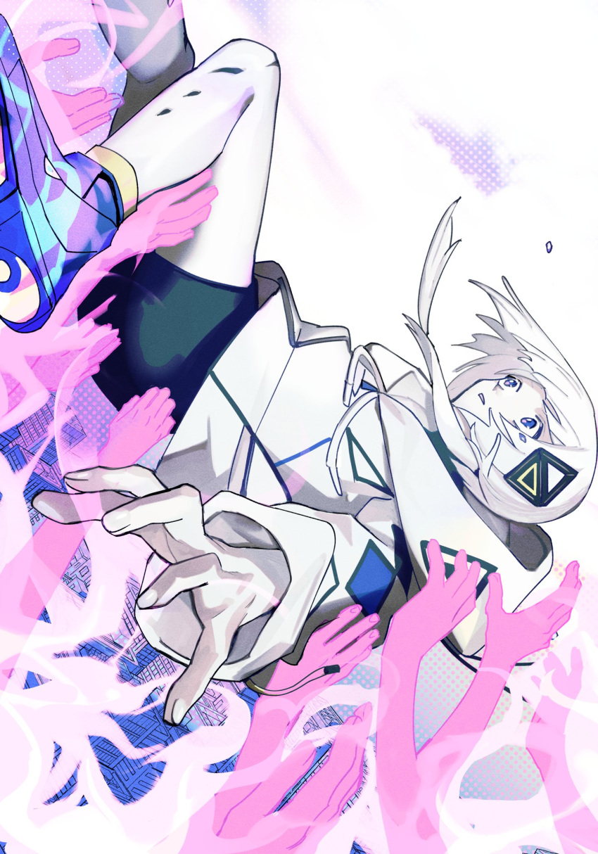 1girl, black_shorts, blue_eyes, blue_shoes, cevio, commentary_request, diamond_hair_ornament, disembodied_arm