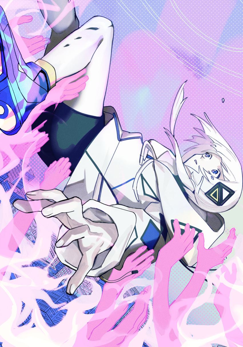 1girl, black_shorts, blue_eyes, blue_shoes, cevio, commentary_request, diamond_hair_ornament, disembodied_arm, disembodied_hand, furachi_na_kassai_(cevio), highres, hood, hooded_jacket, jacket, kafu_(cevio), medium_hair, shoes, short_shorts, shorts, solo, soyaka, textless_version, white_hair, white_jacket