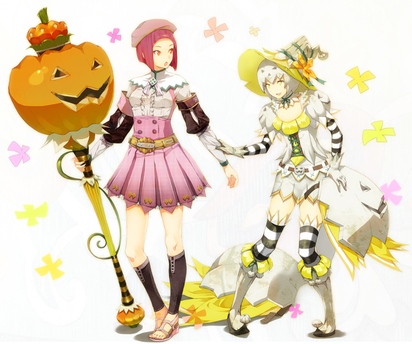 belt, beret, black_legwear, boots, coat, dress, footwear, hat, jack-o'-lantern, jack-o'-lantern, magical_girl, magyuru_(armor), monster_hunter, monster_hunter_3, multiple_girls, open_mouth, original, pumpkin, red_eyes, red_hair, sandals, short_hair, smile, socks, staff, striped, striped_legwear, striped_thighhighs, thigh-highs, thighhighs, tujisaki, white_hair, white_legwear, witch_hat, yellow_eyes