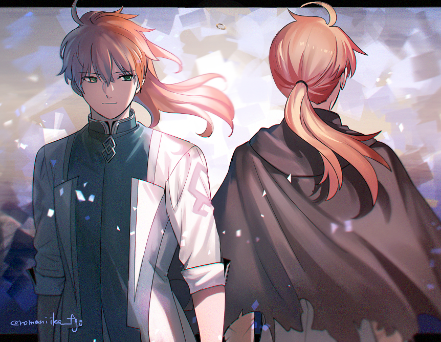 2boys, ahoge, aki_(neyuki41028), arms_at_sides, blurry, brown_cape, cape, chaldea_logo