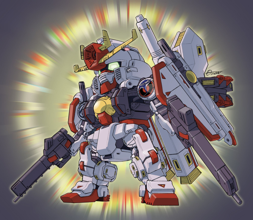 chibi, commentary, english_commentary, full_body, glowing, glowing_eyes, green_eyes, grey_background, gun, gundam, gundam_thunderbolt, highres, holding, holding_gun, holding_weapon, mecha, mobile_suit, no_humans, robot, science_fiction, sd_gundam, signature, solo, spoilers, thunderbolt_gundam, toilobo, v-fin, weapon