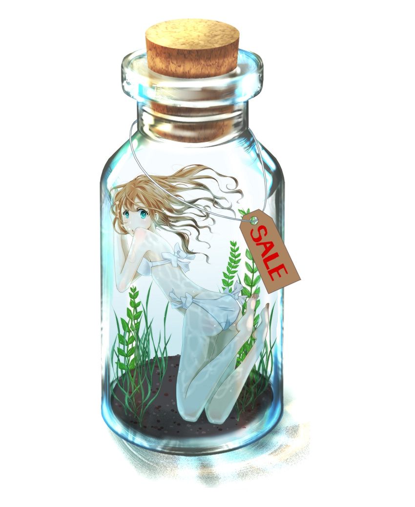 3d, barefoot, bikini, blue_eyes, bottle, bottle_meme_(pixiv), brown_hair, cork
