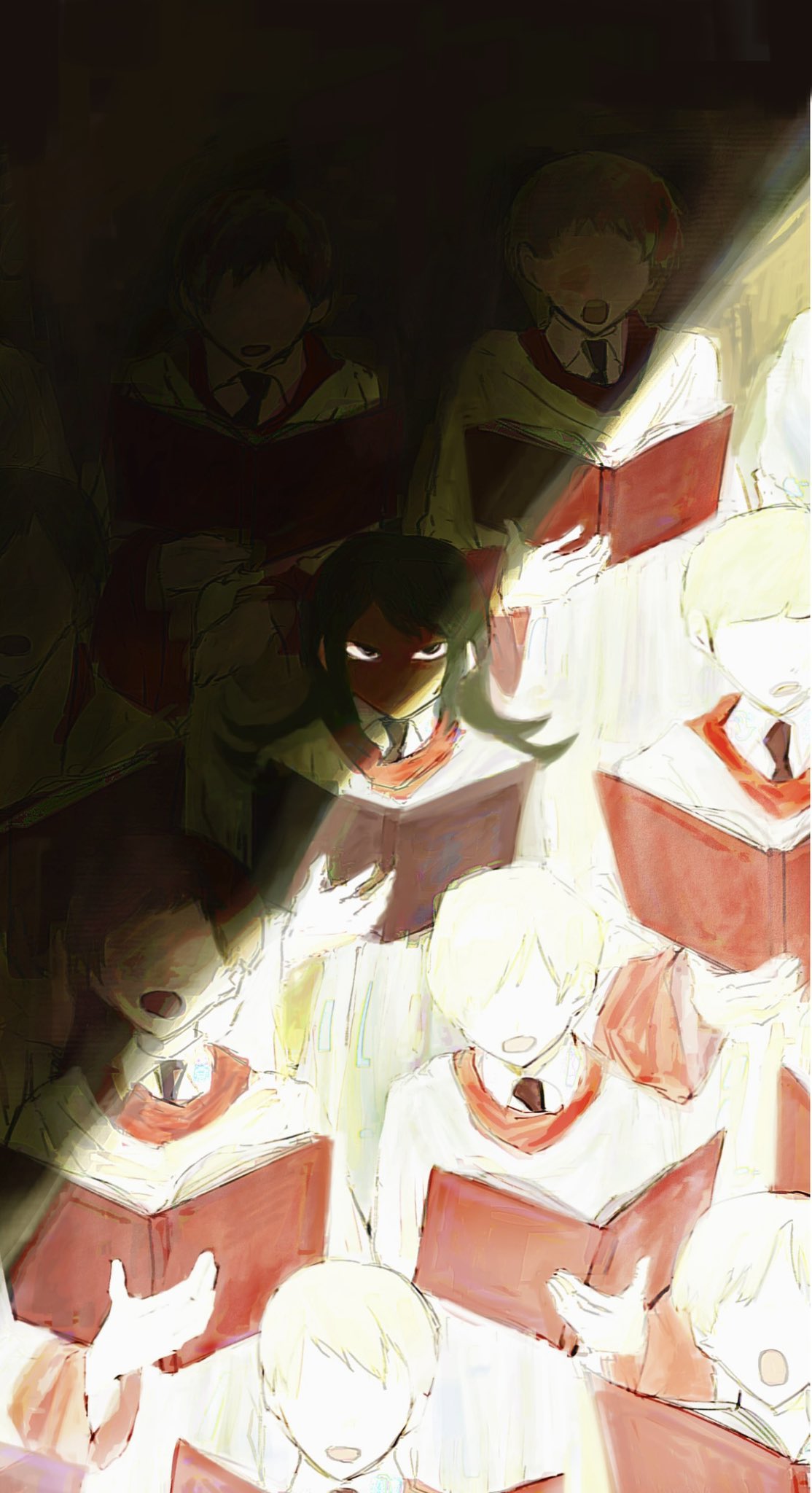 6+boys, abaddon_(haunted_hotel), black_eyes, black_hair, blonde_hair, book, choir, faceless