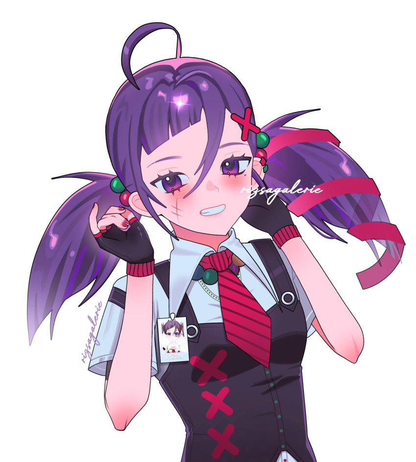 1girl, bad_link, highres, looking_at_viewer, mole, mole_under_eye, necktie, rizsa, scar, scar_on_face, smile, violet_eyes, white_background