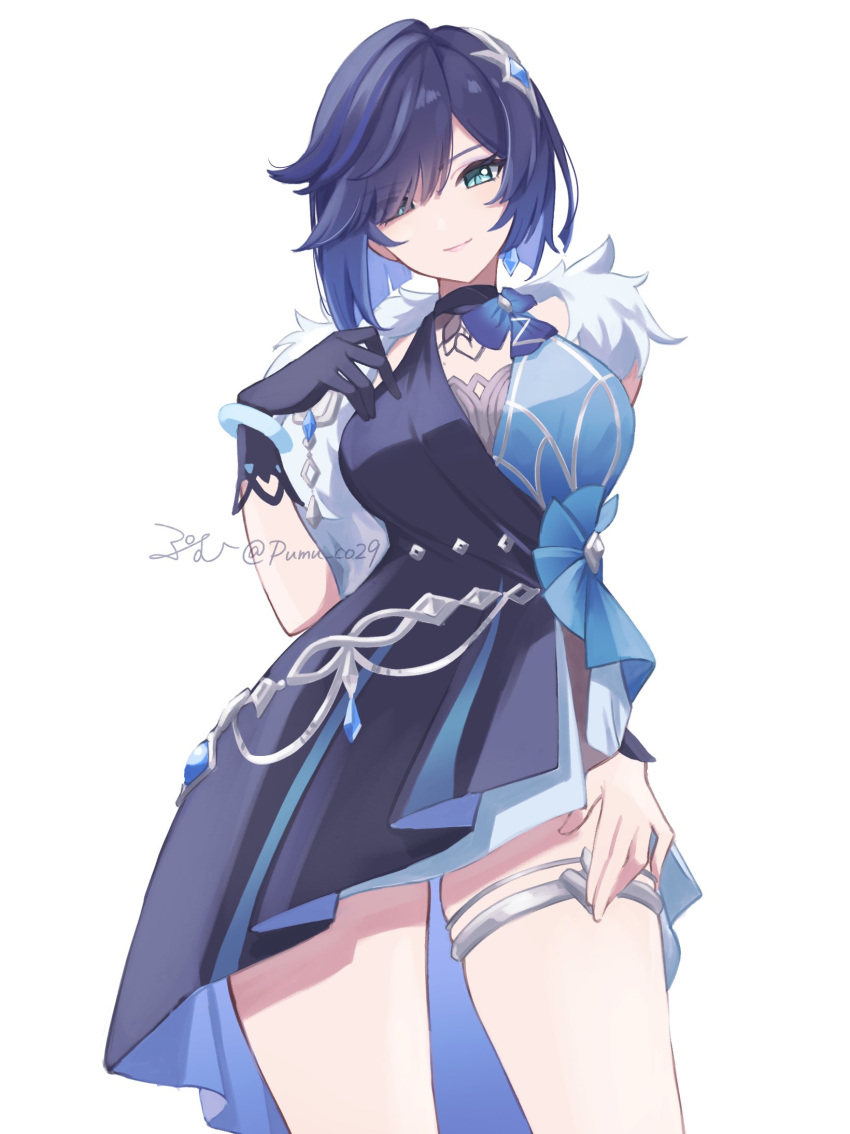 1girl, blue_dress, blue_hair, blue_ribbon, bracelet, breasts, commentary_request, cowboy_shot