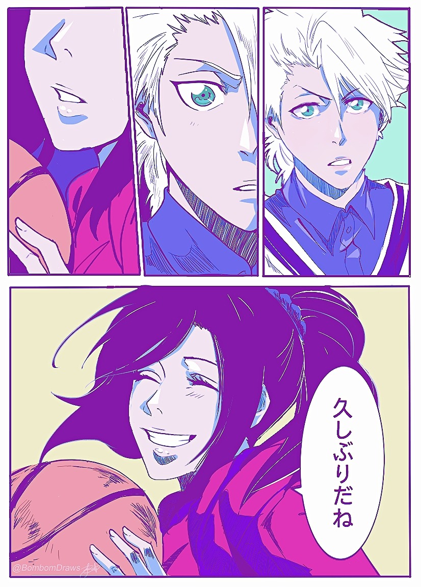 1boy, 1girl, aqua_eyes, ball, basketball_(object), bleach, bleach:_epilogue, blue_shirt