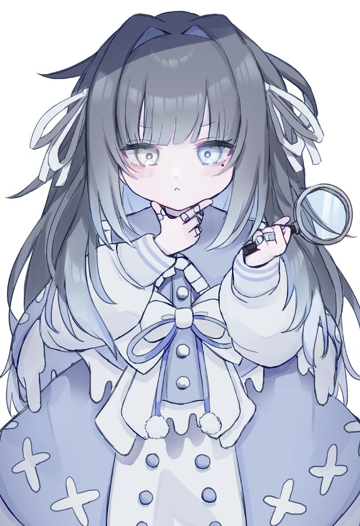1girl, :<, arazan_(ara_arazan24), bandaid, bandaid_on_finger, bandaid_on_hand, black_hair, blue_cape
