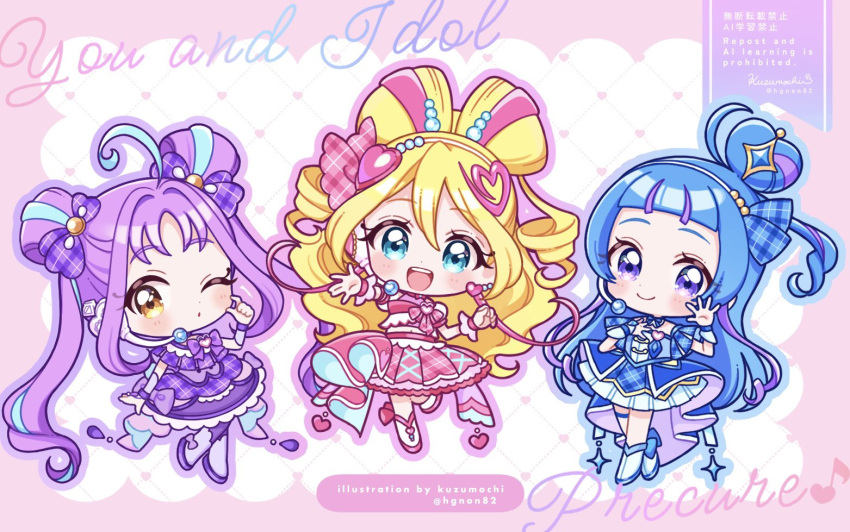3girls, :d, ;o, ahoge, aokaze_nana, artist_name, blonde_hair, blue_boots