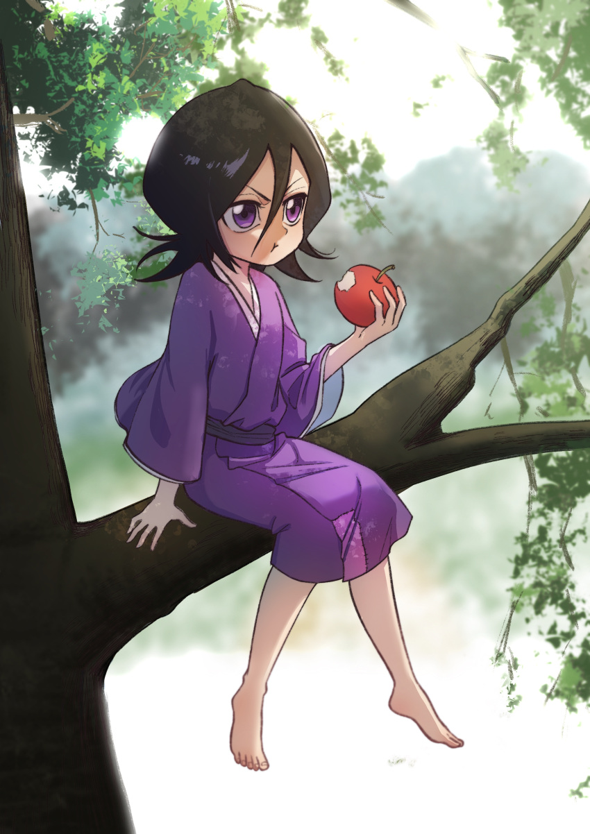 1girl, absurdres, aged_down, apple, barefoot, black_hair, bleach, blurry, blurry_background, chi_mei_wang_liang, child, chinese_commentary, commentary_request, eating, food, fruit, full_body, hair_between_eyes, highres, holding, holding_food, holding_fruit, japanese_clothes, kimono, kuchiki_rukia, purple_kimono, sitting_on_branch, solo, tree, v-shaped_eyebrows, violet_eyes, wide_sleeves