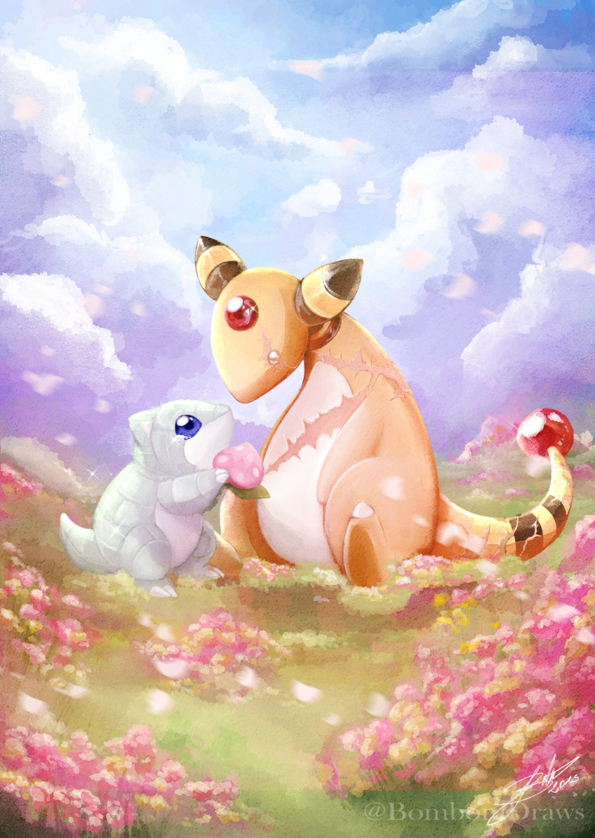alternate_color, ampharos, berry_(pokemon), blue_eyes, blue_sky, bombomdraws, clouds, commentary