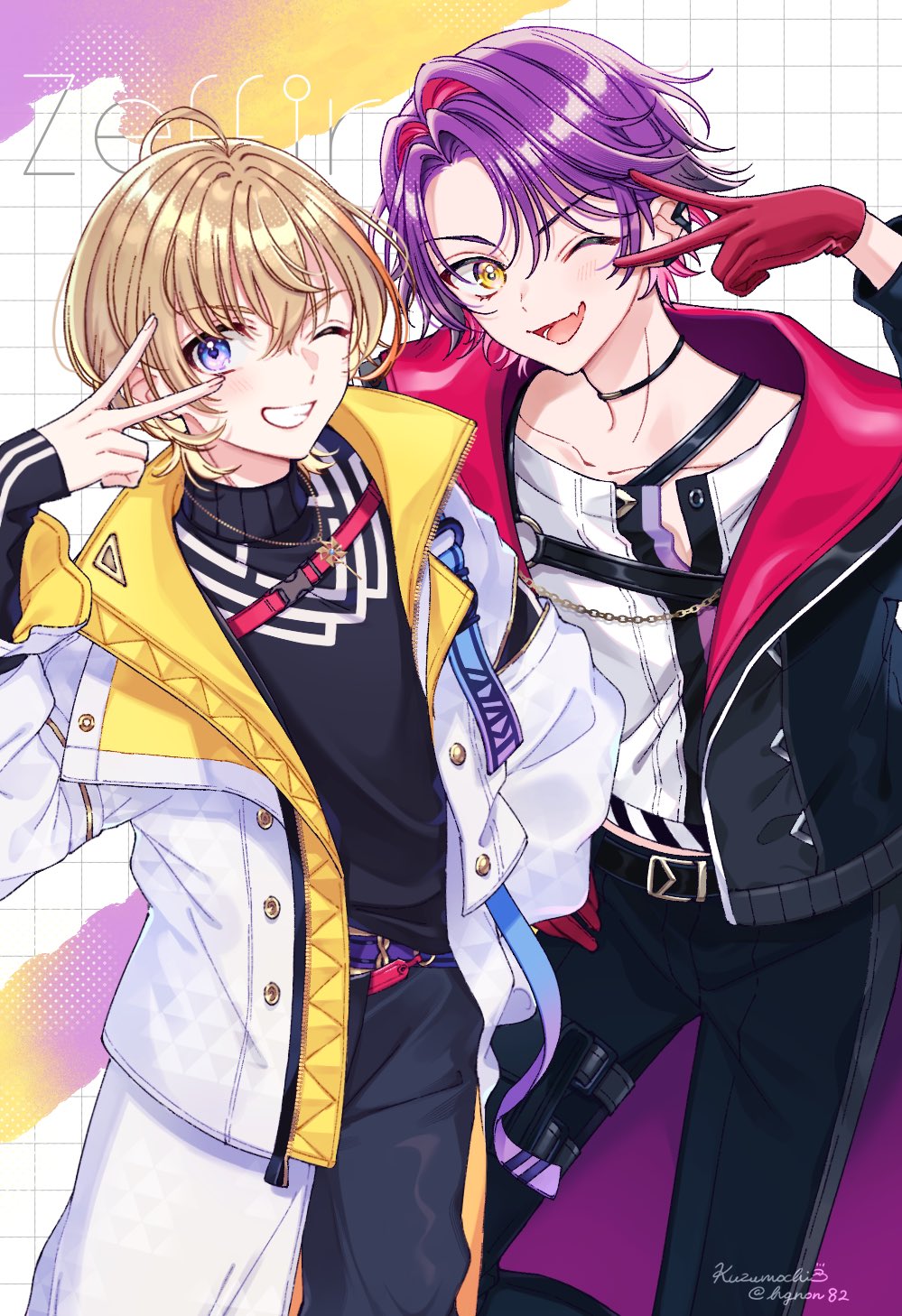 2boys, ;d, ahoge, black_choker, black_jacket, black_pants, black_shirt, blonde_hair
