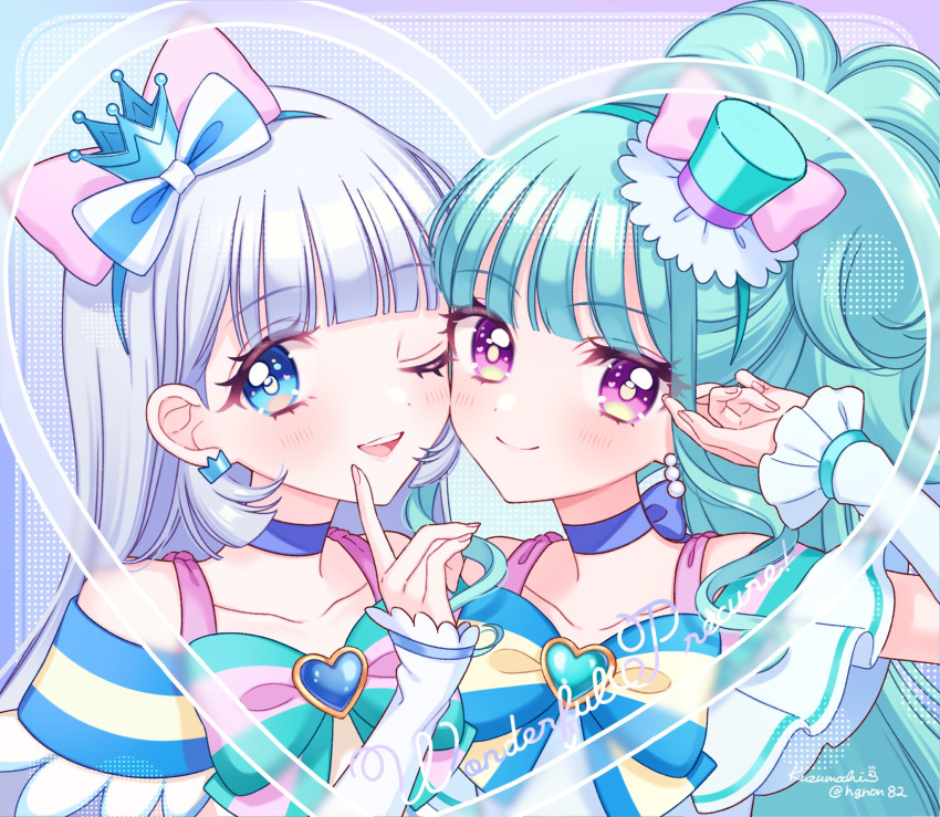 2girls, ;d, bare_shoulders, blue_bow, blue_bowtie, blue_choker, blue_crown, blue_eyes, blue_hairband, blunt_bangs, blush, bow, bow_choker, bow_hairband, bowtie, choker, closed_mouth, collarbone, commentary, crown, cure_lillian, cure_nyammy, dress, gloves, green_bow, green_bowtie, green_hair, green_hat, grey_hair, hairband, hand_up, hat, heart, highres, kuzumochi_(hgnon82), long_hair, looking_at_viewer, mini_hat, multiple_girls, nekoyashiki_mayu, nekoyashiki_yuki, off-shoulder_dress, off_shoulder, one_eye_closed, open_mouth, pink_eyes, portrait, precure, purple_background, short_sleeves, smile, striped_bow, striped_bowtie, striped_clothes, white_dress, white_gloves, wonderful_precure!