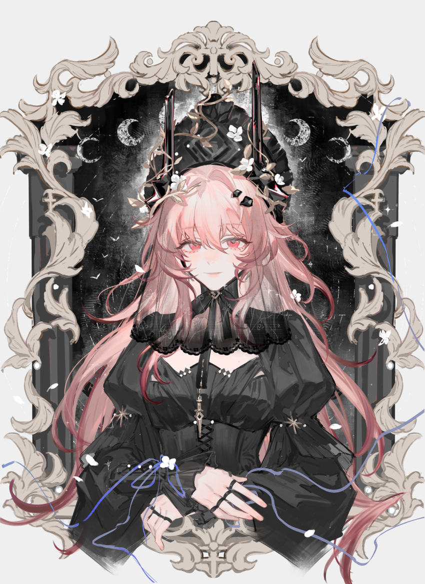 1girl, arknights, black_dress, black_horns, black_ribbon, border, chinese_commentary, closed_mouth
